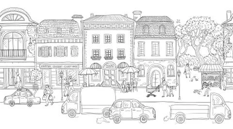 Seamless pattern background. Urban street in the historic European city. Stock Illustration