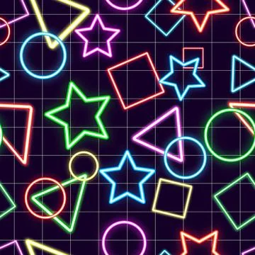 Seamless pattern background with various geometric shapes neon design Stock Illustration