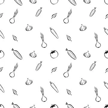 Seamless pattern background with vegetables and fruits. Black and white Stock Illustration