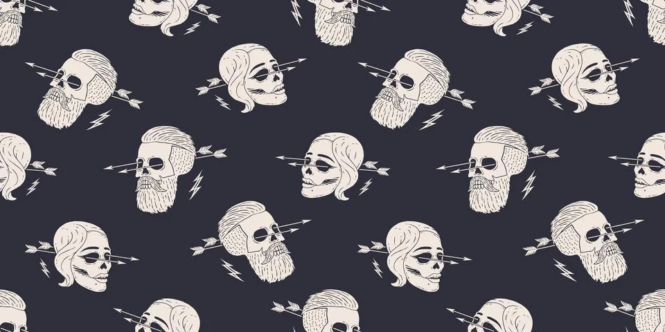 Seamless pattern background of vintage skull hipster with arrow Stock Illustration