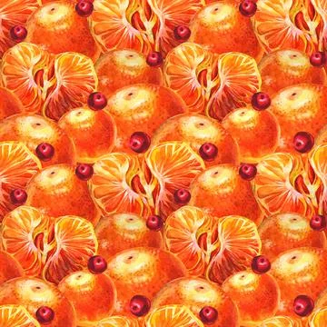 Seamless pattern background with watercolor peeled tangerine slice and red berry Stock Illustration