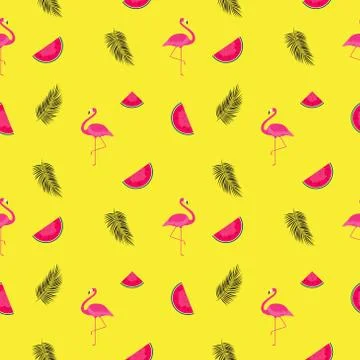 Seamless Pattern Background with Watermelon, Flamingo and Palm Leaf. Vector Stock Illustration