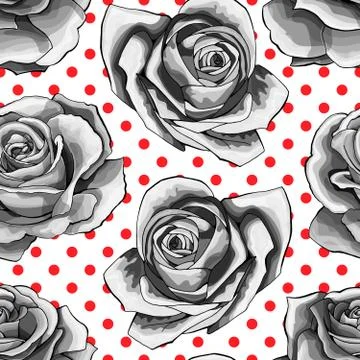 Seamless pattern, background with white roses, isolated on polka dots background イラスト素材