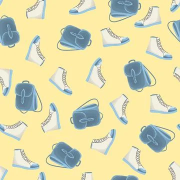 Seamless pattern with backpack and boots in a flat style. Leather bags and shoes 스톡 일러스트