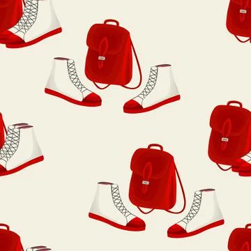 Seamless pattern with backpack and boots in a flat style. Leather bags and shoes Stock Illustration