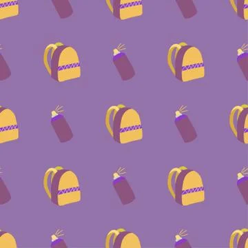 Seamless pattern with backpack and spray paint on violet backdrop. Stock Illustration