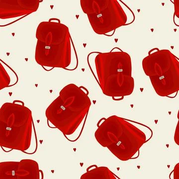 Seamless pattern with backpack on color background. Leather red bag. Flat design Stock Illustration