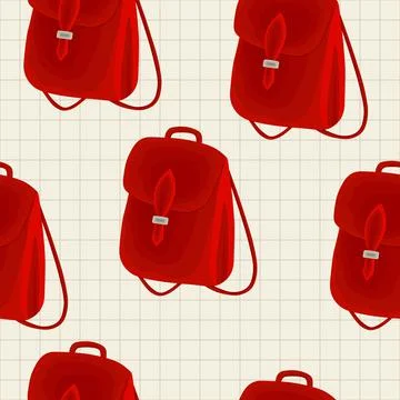 Seamless pattern with backpack on grid paper background. Leather red bag. Flat イラスト素材