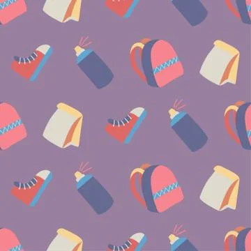 Seamless pattern with backpack, spray paint, lunch and shoes on violet Stock Illustration