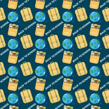Seamless pattern with backpacks, globes, art supplies and chalk lettering o.. Illustrazione stock