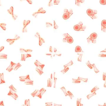 Seamless pattern with bacon slices rolling and unfolding on white background Illustrazione stock