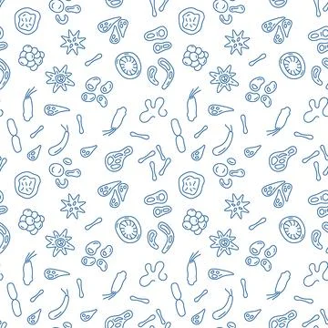 Seamless Pattern with bacteria, viruses and microbes concept blue line icons 스톡 일러스트