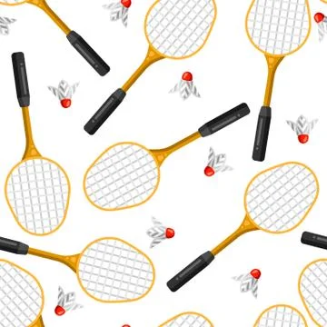 Seamless pattern with badminton rackets and shuttlecocks in flat style. Stock Illustration