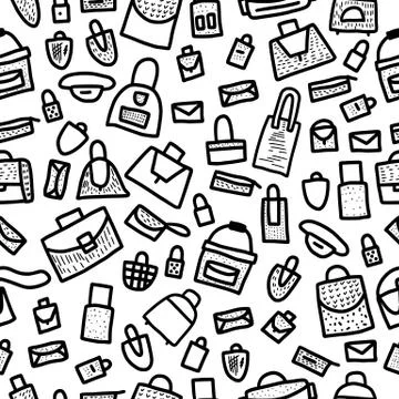 Seamless pattern  of bags in doodle style. Hand drawn woman accessories backg Stock Illustration