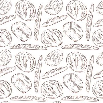 Seamless pattern with baguette and loaf bread in line art style. French bakery 스톡 일러스트