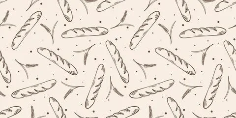 Seamless pattern with baguettes and ears of grain Stock Illustration