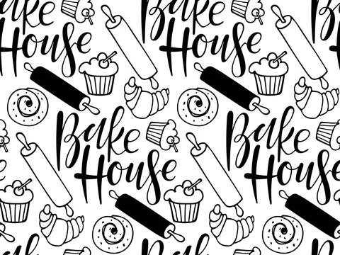 Seamless pattern with Bake House Calligraphy lettering, rolling pin, bakery Stock Illustration