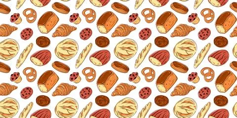 Seamless pattern of baked good, bread, pastry, cookie and pretzel on a white Stock Illustration