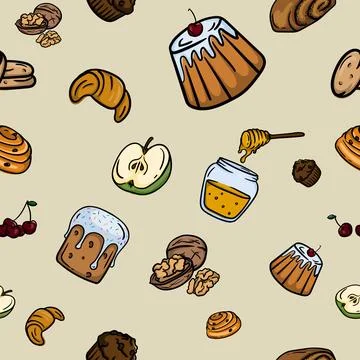 Seamless pattern with baked goods and ingredients Illustrazione stock