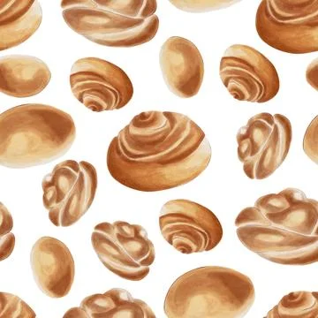 Seamless pattern with baked goods. Hand-drawn watercolor pastries. Golden bun Illustrazione stock