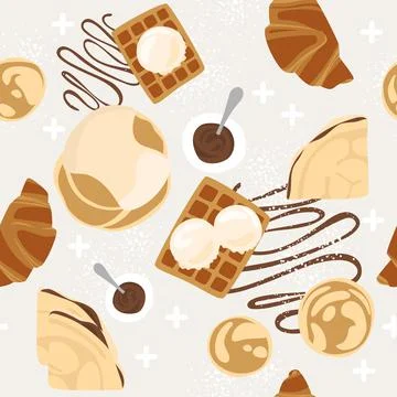 Seamless pattern with baked goods. Pattern with Belgian waffles, pancakes, ic Stock Illustration