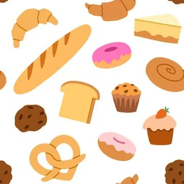 Seamless pattern with bakery elements, croissant, bread, cakes and cookies... Stock Photos