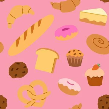 Seamless pattern with bakery elements, croissant, bread, cakes and cookies... Stock Photos
