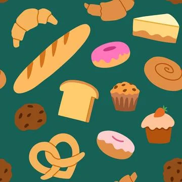 Seamless pattern with bakery elements, croissant, bread, cakes and cookies... Stock Photos