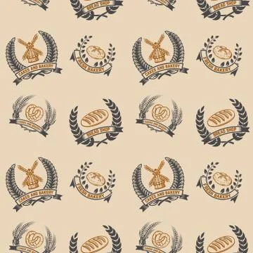Seamless pattern with bakery emblems. Design element for poster, wrapping pap Stock Illustration