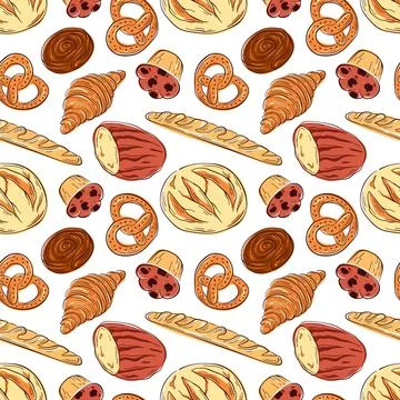 Seamless pattern of bakery food in flat style. Bread, pretzel, croissant Stock Illustration