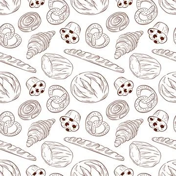 Seamless pattern of bakery food in line art style. Bread, pretzel, croissant Illustrazione stock