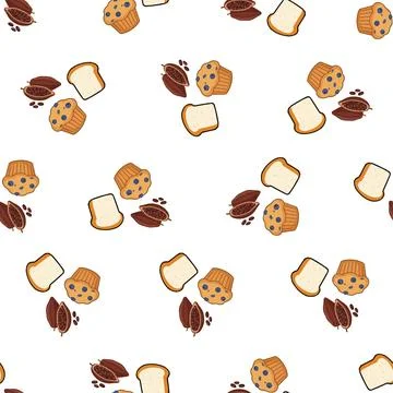 Seamless pattern with bakery products and cocoa beans on white background. Illustrazione stock
