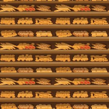 Seamless pattern bakery shelf with bread in supermarket, big choice of fresh Stock Illustration