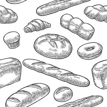 Seamless Pattern for bakery. Vector black hand drawn vintage engraving 스톡 일러스트