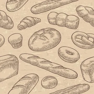 Seamless Pattern for bakery. Vector black hand drawn vintage engraving Stock Illustration