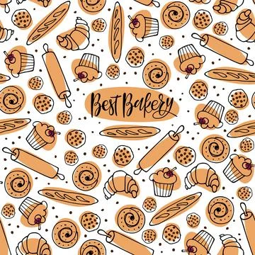 Seamless pattern with baking and Best Bakery calligraphy letteing. Sketch 스톡 일러스트