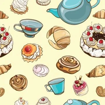 Seamless pattern with baking, pastries, cakes, tea Stock Illustration