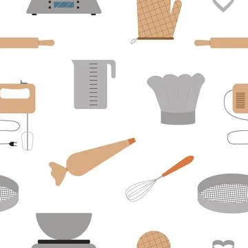 Seamless pattern with baking tools. Cooking equipment. Flat style. Vector. Stock Illustration