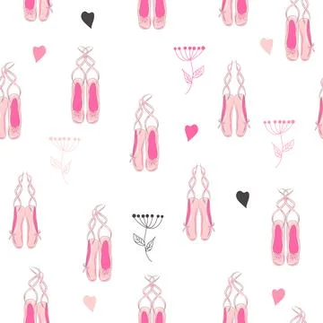 Seamless pattern with ballet pointe shoes and additional elements, imitatio.. Stock Illustration