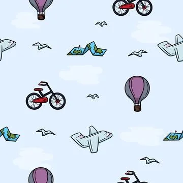Seamless pattern with balloon, airplane, bicycle Stock Illustration