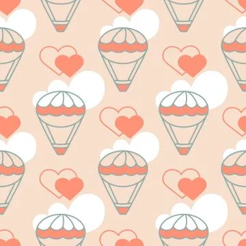 Seamless pattern with balloon flight and hearts. Flat illustration on pink Stock Illustration