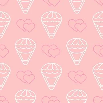 Seamless pattern with balloon flight and hearts. Flat illustration on pink Stock Illustration