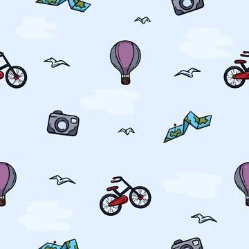 Seamless pattern with a balloon, map, bicycle Stock Illustration