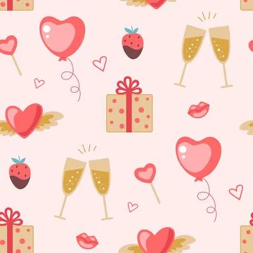 Seamless pattern with balloons and gifts for Valentine's Day. Stock Illustration