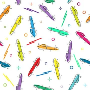 Seamless pattern with ballpoint pens or felt-tip pens. Modern random colors. 스톡 일러스트