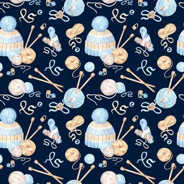 Seamless pattern of balls and skeins of wool, knitting needles and hat on blue Stock Illustration