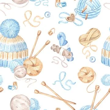 Seamless pattern of balls and skeins of wool, knitting needles and hat on white Illustrazione stock