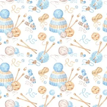 Seamless pattern of balls and skeins of wool, knitting needles and hat on white Stock Illustration