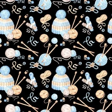 Seamless pattern of balls and skeins of wool, knitting needles and hat on black Stock Illustration