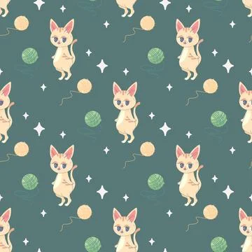 Seamless pattern of balls of thread and cat, vector illustration for fabric.. Stock Illustration